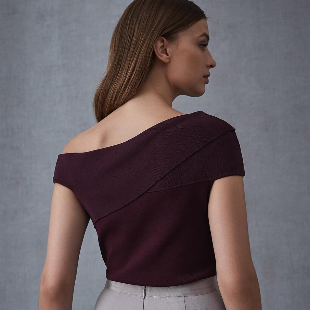 REISS Indigo Bardot Knitted Top, Berry